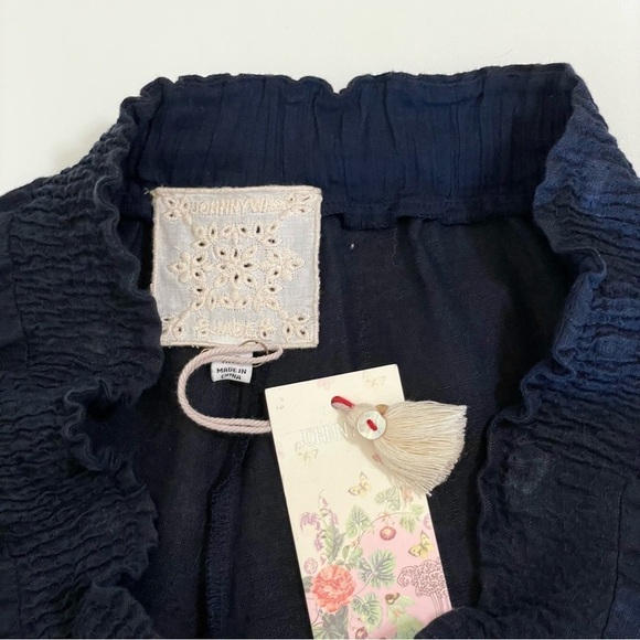 NWT Johnny Was Jade Linen Smocked Waist Slit Hem Pull On Pant Navy FLAWED AS IS - Picture 13 of 15